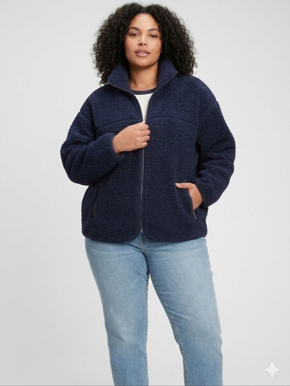 Gap Blue Navy Uniform Fleece Sherpa Full Zip Long Sleeves Pockets Jacket Size XL
